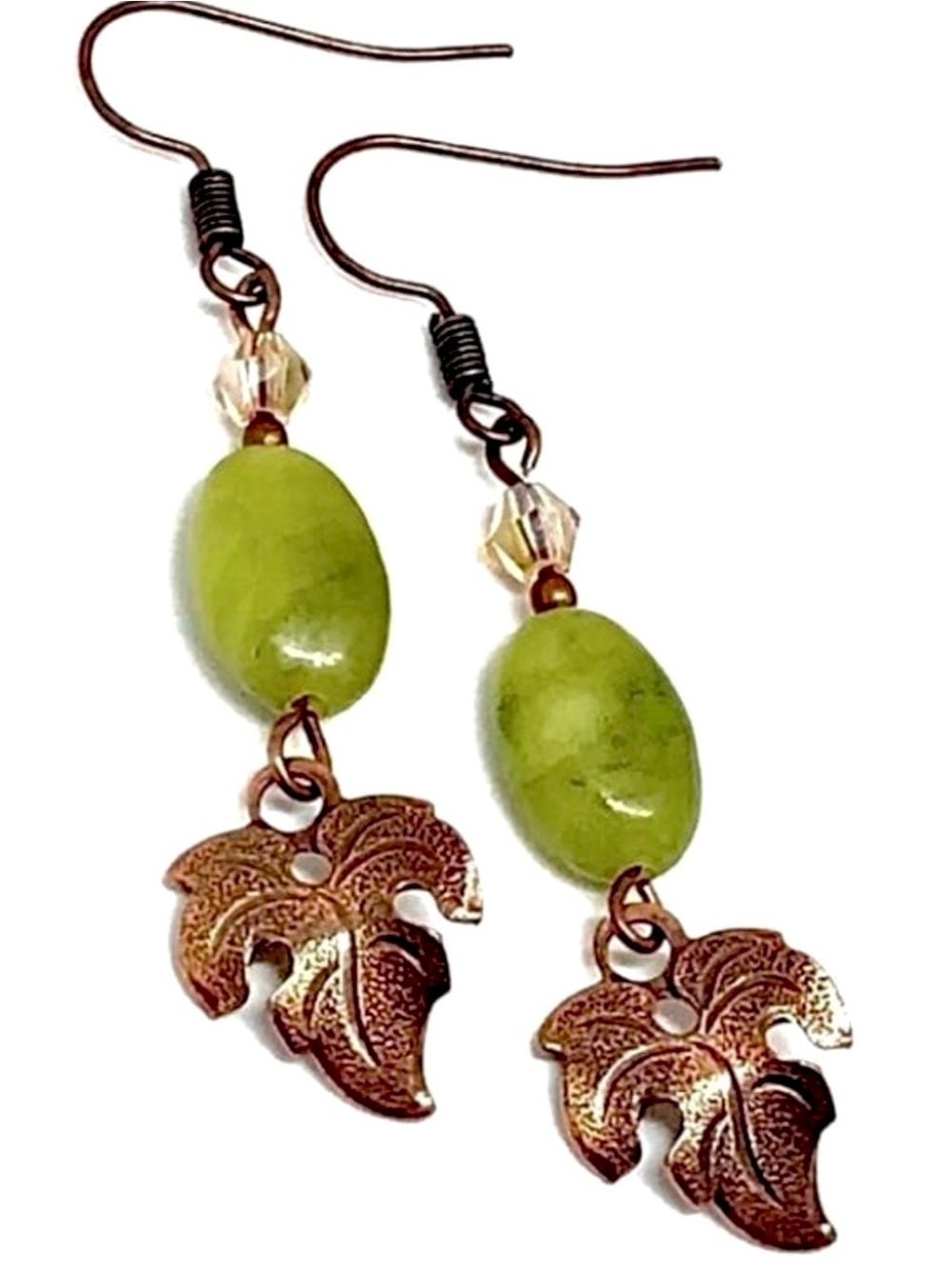 Green Irish Connemara Marble Antique Copper Leaf AB Gold Crystal Dangle Earrings